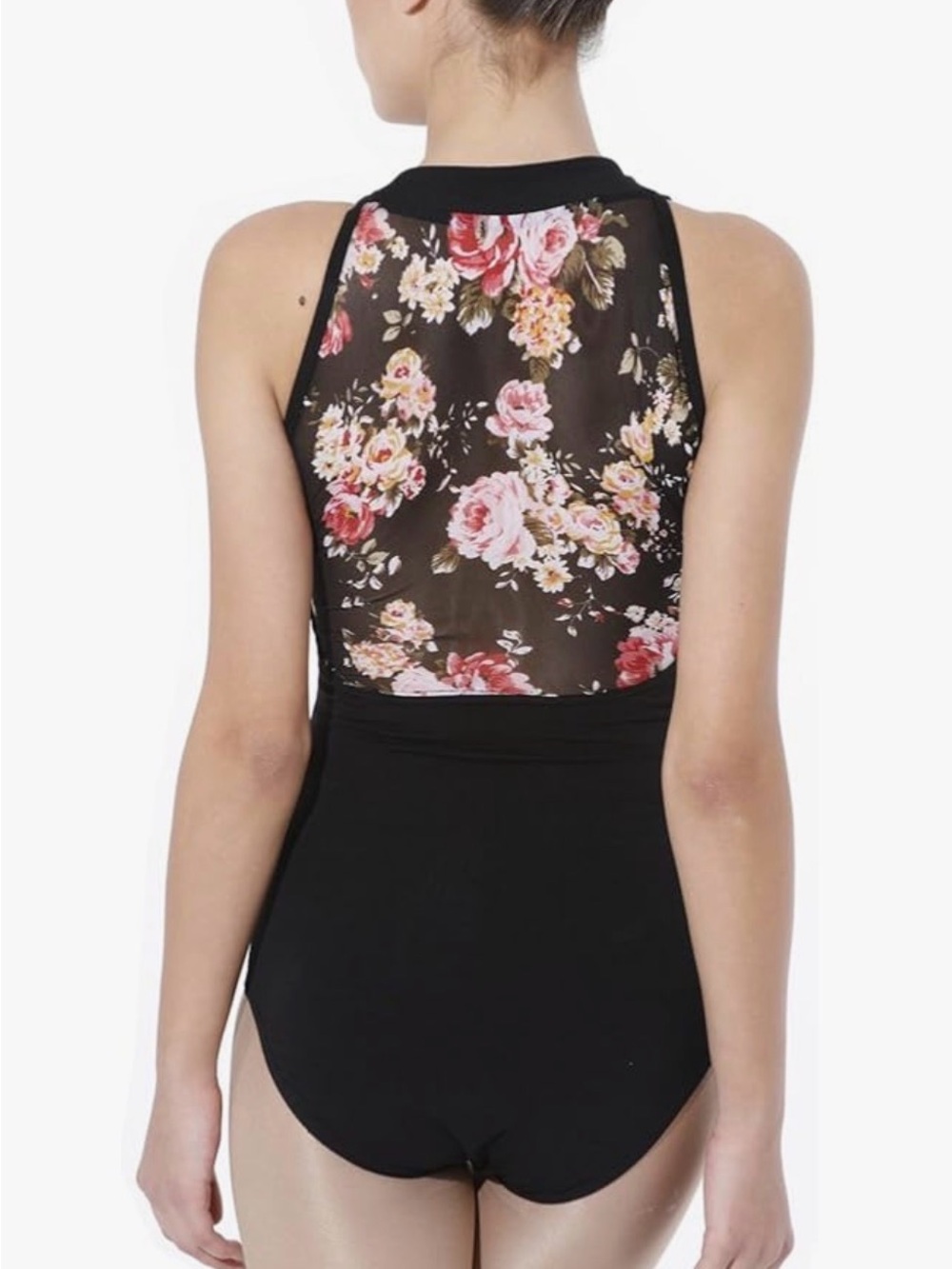 High Neck Leotard black mock neck/halter with floral illusion mesh back sz Xs